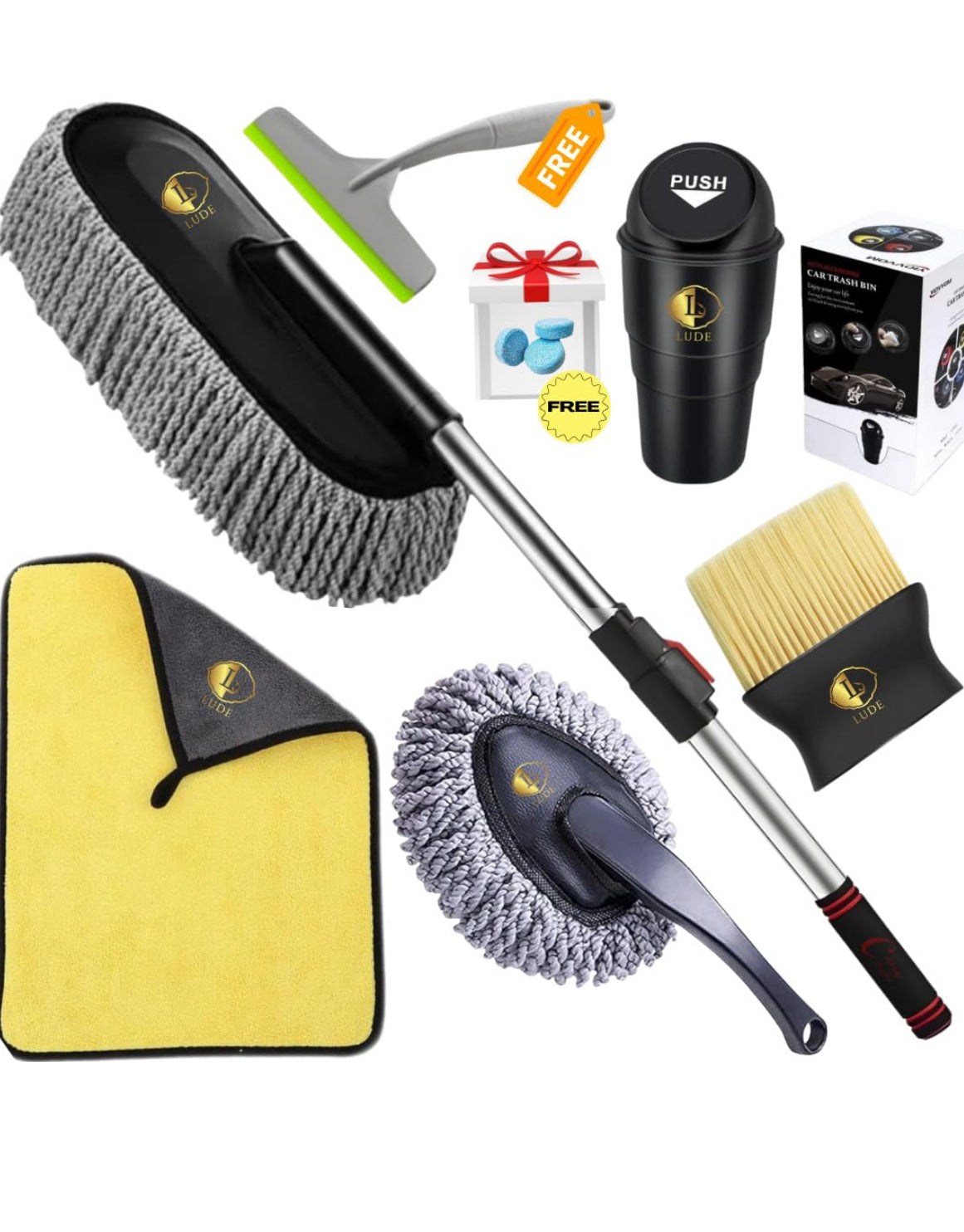 LUDE Premium Car Cleaning Accessories 2025 -Long Handle Duster Microfiber Brush for Interior & Exterior Dust, Scratch-Free 800 GSM Cloth, Car Dustbin, AC Vent Cleaner, After Wash Drying Wiper