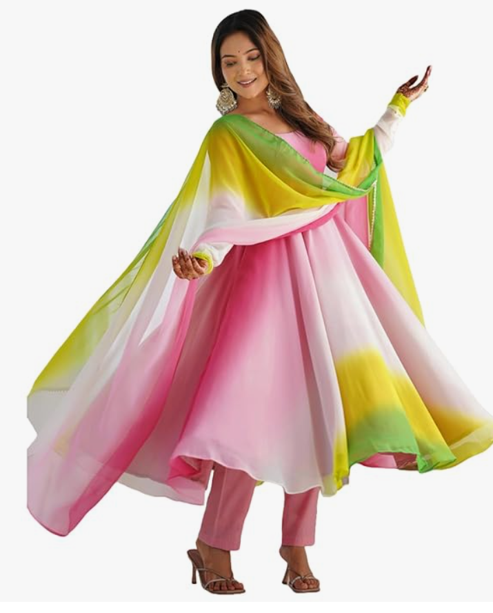 GoSriKi Women's Georgette Anarkali Solid Kurta with Pant & Dupatta