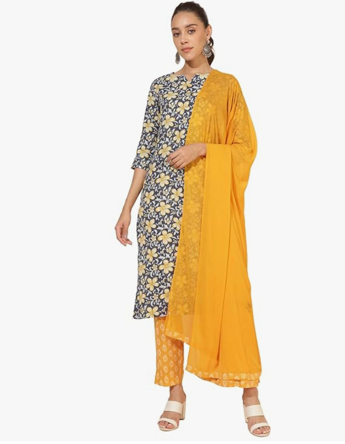 Janasya Women's Mauve Cotton Floral Print Kurta with Pant and Dupatta