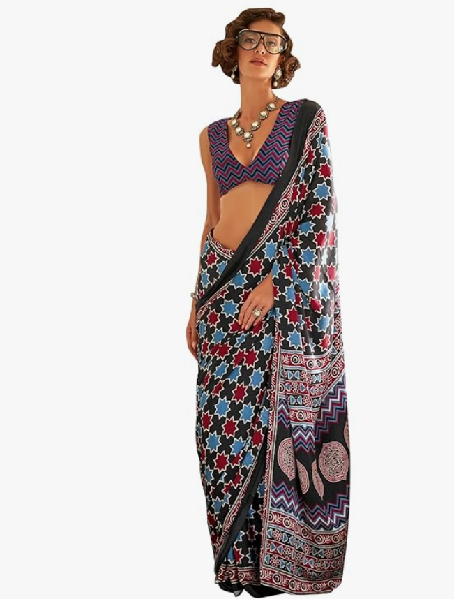 AKHILAM Women's Multicolor Crepe Ajrak Printed Saree With Unstitched Blouse Piece
