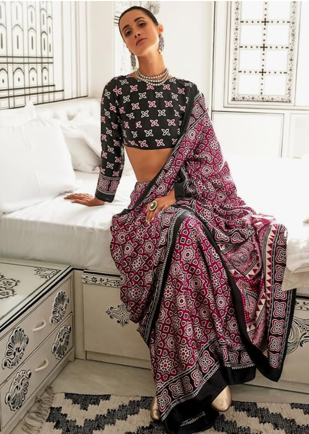 AKHILAM Women's Multicolor Crepe Ajrak Printed Saree With Unstitched Blouse Piece