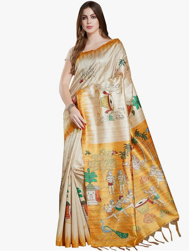 RANI SAAHIBA Women's Printed Art Tussar Silk Bhagalpuri Saree With Blouse Piece