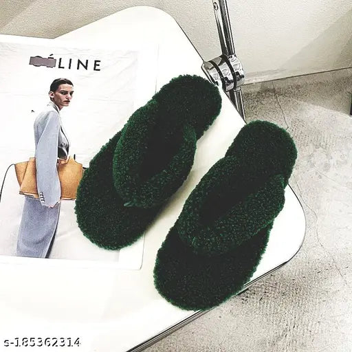 Black Bunny Winter Warm Fuzzy Thong Strap Premium Faux Fur Flip-Flops and Carpet Slippers of Indoor Bedroom & Outdoor for Women and Girls