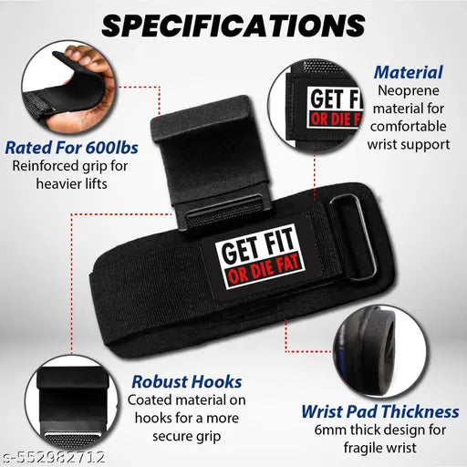 GET FIT OR DIE FAT Weight Lifting Hooks, Non-Slip Rubber Coated Grips, 7mm Neoprene Wrist Support Padding, Power lifting Barbell Rows Dead lifts Chin Pull Up Fitness Strength Training Straps Gym Bodybuilding Workout