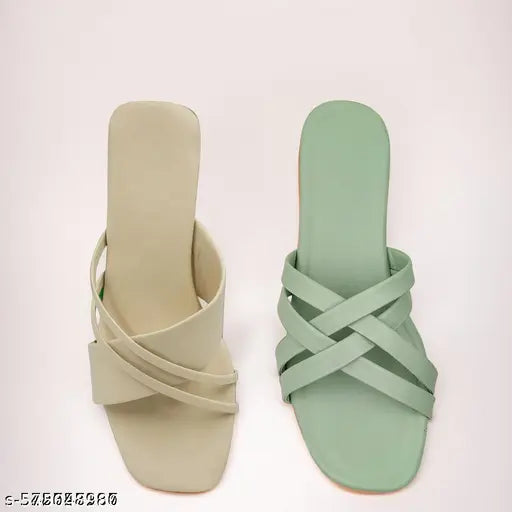 Mint Green & Beige Cross Strap Sandals – Stylish Slip-On Footwear