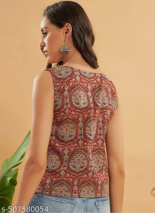GT-01-WOMEN'S BAGRU HAND BLOCK PRINTED MARHOON TOP ONLY (PRINT NO-1)