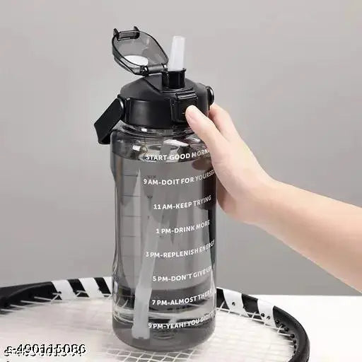 AMBIOUS Transparent Plastic Water Bottle With Motivational Time Marker,Leakproof Durable Non-Toxic Sipper Water Bottle For Office,School Gallon Bottle For Gym (2000 ml, Plastic) (BLACK)