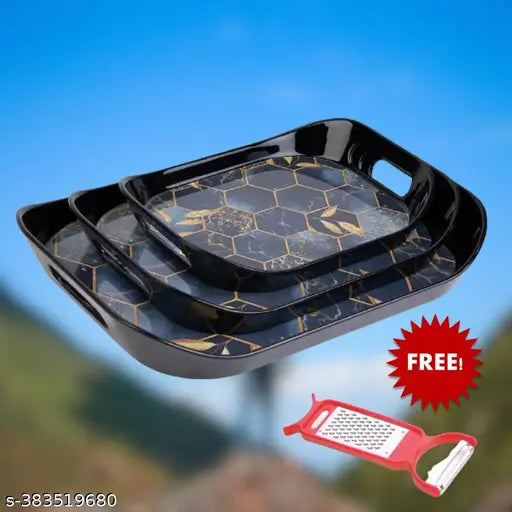 ® Serving Tray Set with Rectangular Shape, Printed Design, Natural, Pack of 3 Tray Set - Large, Medium, Small (Veg Peeler Free) (Combo Offer)003