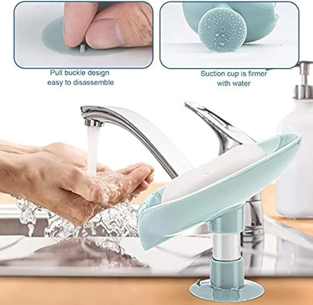 Six Sigma Leaf-Shape Self Draining Soap Dish Holder, Easy Clean Soap Dish for Shower with Suction Cup Creative soap Box, for Bathroom, Kitchen, Bathtub, Wash basins 