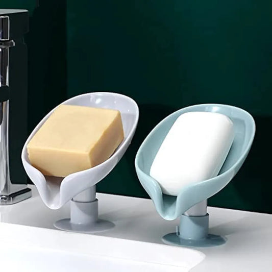 Six Sigma Leaf-Shape Self Draining Soap Dish Holder, Easy Clean Soap Dish for Shower with Suction Cup Creative soap Box, for Bathroom, Kitchen, Bathtub, Wash basins 