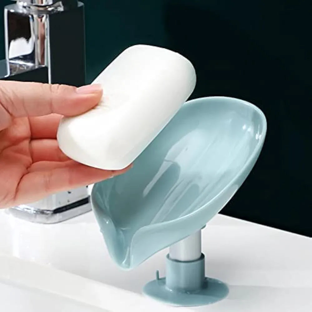 Six Sigma Leaf-Shape Self Draining Soap Dish Holder, Easy Clean Soap Dish for Shower with Suction Cup Creative soap Box, for Bathroom, Kitchen, Bathtub, Wash basins 