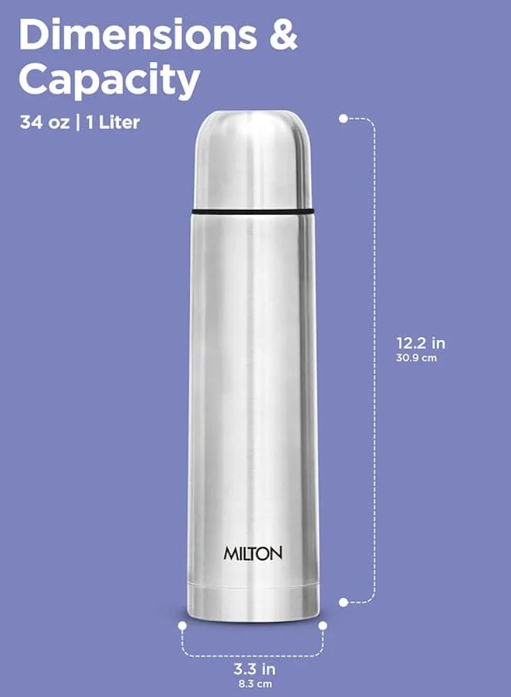 Milton Flip Lid 1000 Thermosteel Water Bottle 1 LTR, 24 Hr Hot and Cold I Leak Proof Lid, ISI Certified I Vacuum Insulated I for Office, Gym, School I Silver