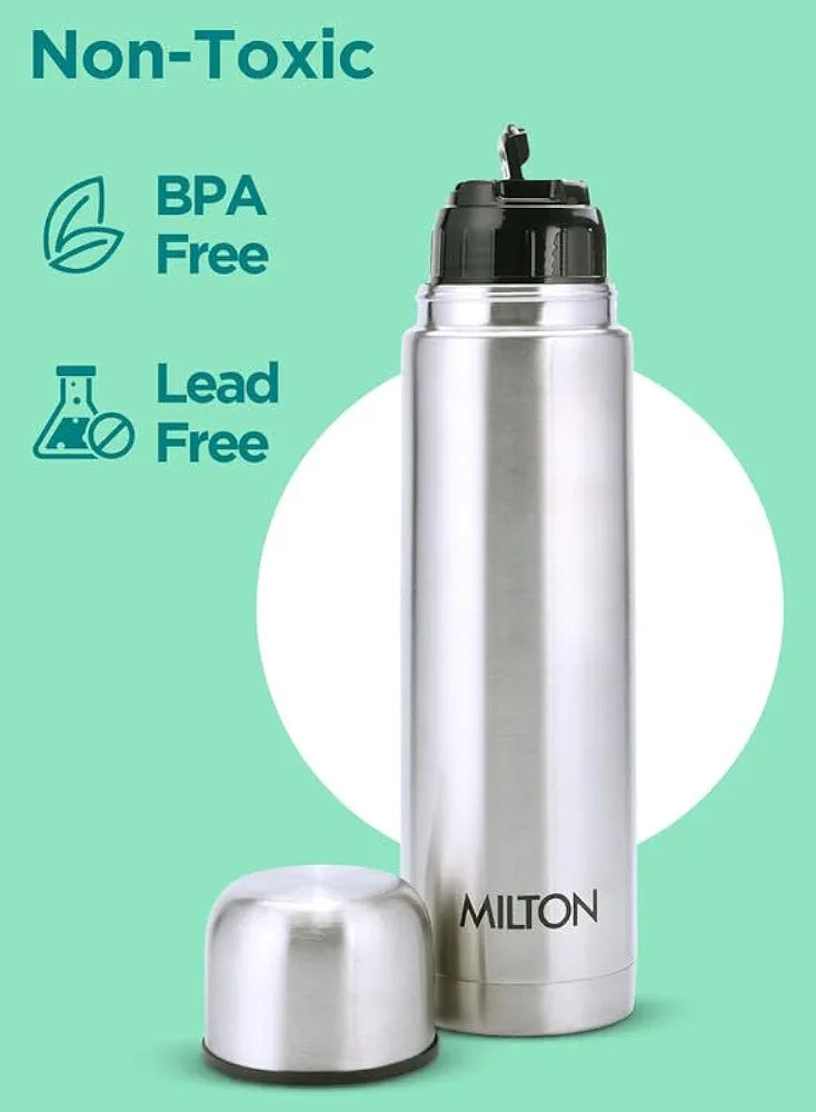 Milton Flip Lid 1000 Thermosteel Water Bottle 1 LTR, 24 Hr Hot and Cold I Leak Proof Lid, ISI Certified I Vacuum Insulated I for Office, Gym, School I Silver