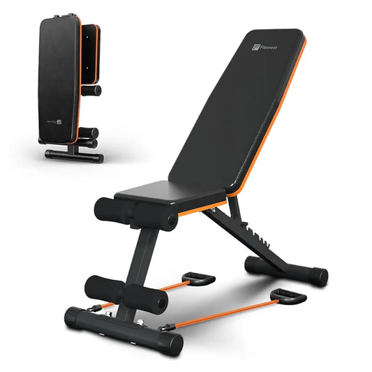 Flexnest Commercial Grade Adjustable And Foldable Gym Bench Incline,Decline & Flat 250 Kg Capacity Fitness Gym Bench with Resistance Ropes For Home Workout,Premium Leather Adjustable Multi-Purpose Machine 