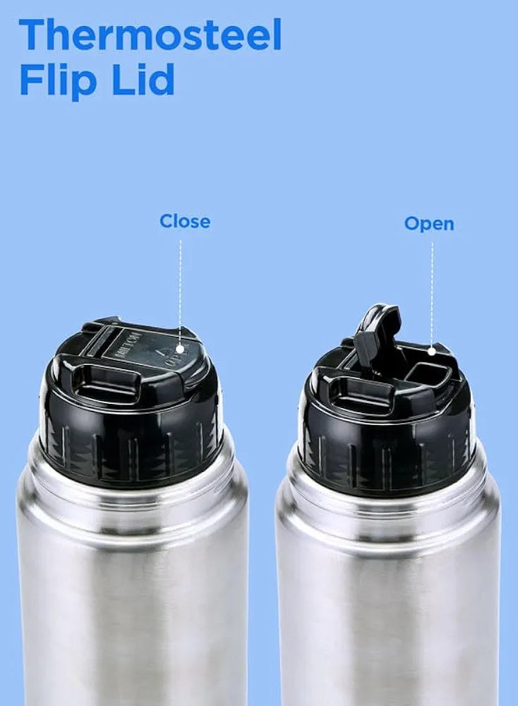 Milton Flip Lid 1000 Thermosteel Water Bottle 1 LTR, 24 Hr Hot and Cold I Leak Proof Lid, ISI Certified I Vacuum Insulated I for Office, Gym, School I Silver