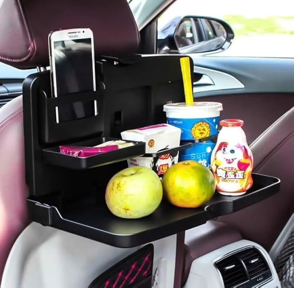  Car Back Seat Tray Table with Phone Holder, Cup Holder, Food Plate Space, Black, Foldable