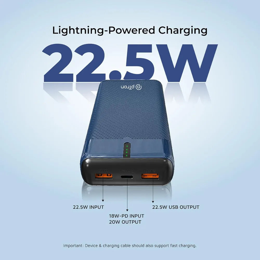 pTron Dynamo Surge 20000mAh 22.5W Fast Charging Power Bank, Supports VOOC/Wrap/Dash USB Charging, 20W PD Fast Charging, 3 Outputs, 1 Input & Multiple Layers of Protection,USB Type-C Input 