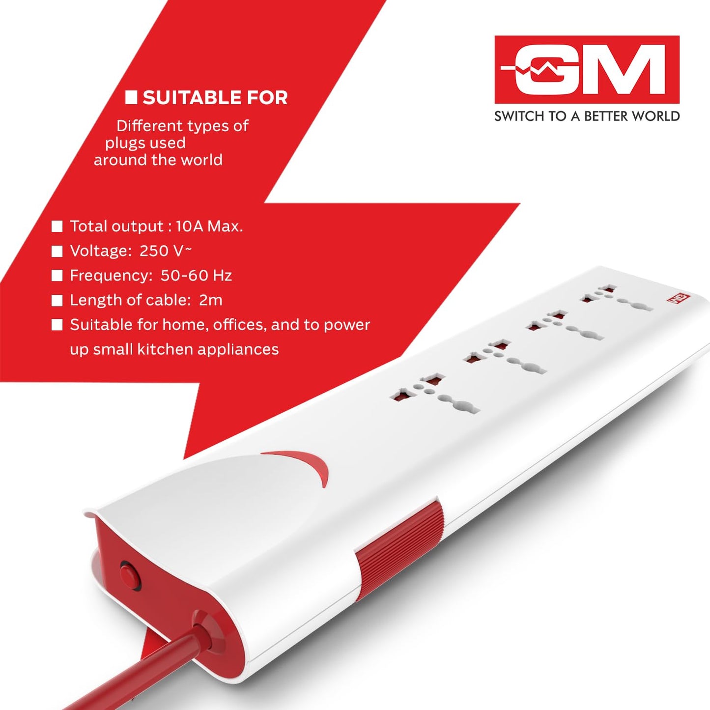 GM 3060 E-Book Power Strip, Extension Cord,Pack of 2, Spike Guard,Fire Retardant Protection,Thermal Trip, Overload Protection, Childsafety Shutter, LED Indicator,2M Cord Length,4 International Sockets