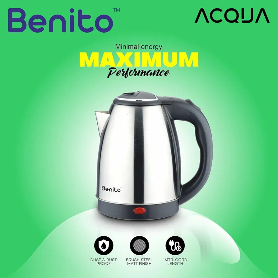 Benito ACQUA Stainless Steel Electric Kettle | 1500W Rapid Boil | 360° Swivel Base, Auto Shut-Off & Boil-Dry Protection | Cool-Touch Handle | Perfect for Tea, Coffee & More | 1.5L, Black & Silver