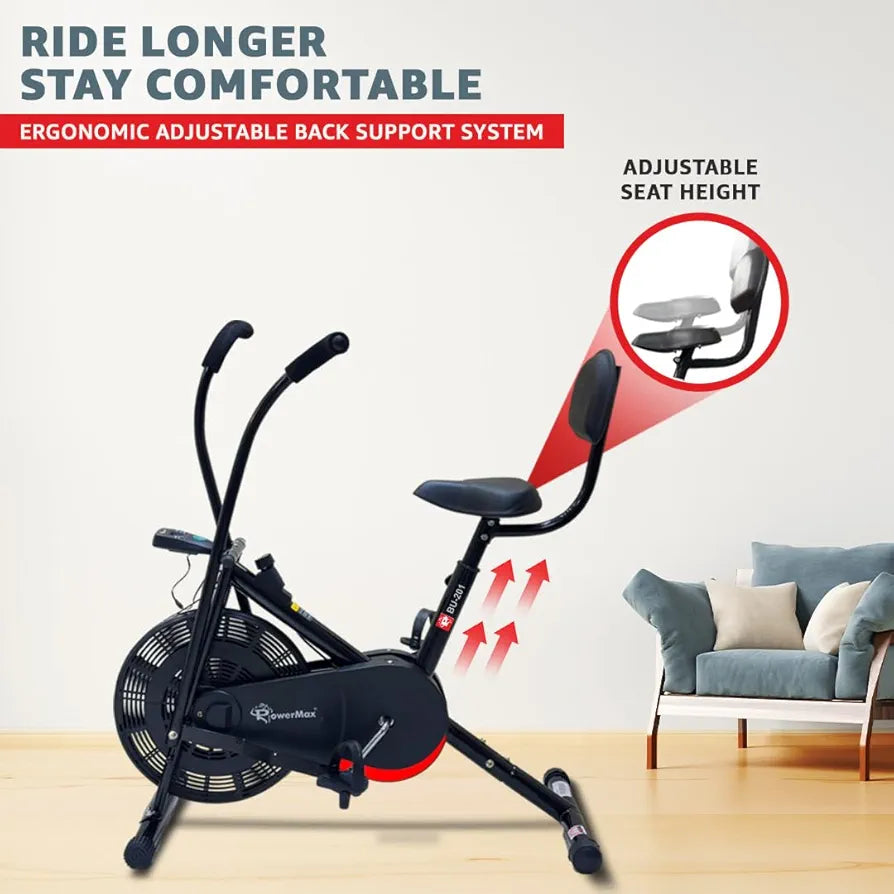 PowerMax Fitness BU-201 Dual Action Air Bike/Exercise Bike for Home |Gym Cycle for Workout With Adjustable Cushioned Seat | Non-Slip Pedals | Moving Handles Black Gym Bike, Max user weight 120 KG