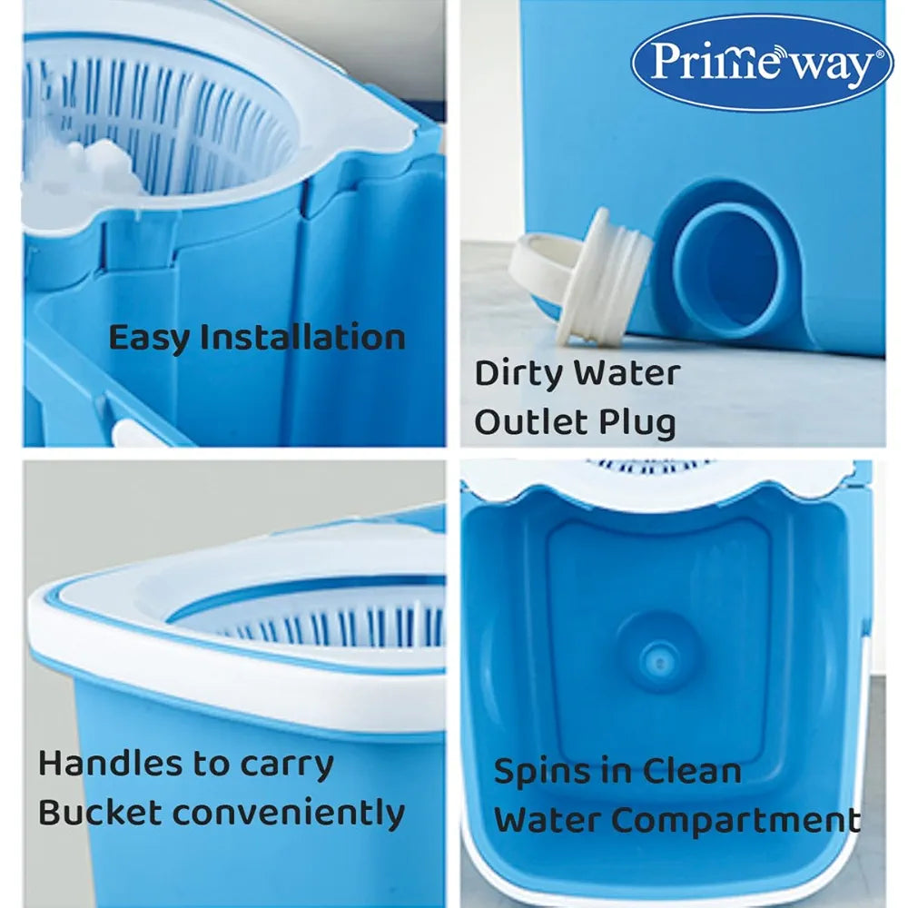 Primeway® Plastic SS Mini Twin Bucket Mop | 360 Rotating Spin | 14cm Disc Microfibre 2 Refills Dia. 36cm | Floor Mopping with Clean & Dirty Water Separator & Outlet | 3 LTR | Blue