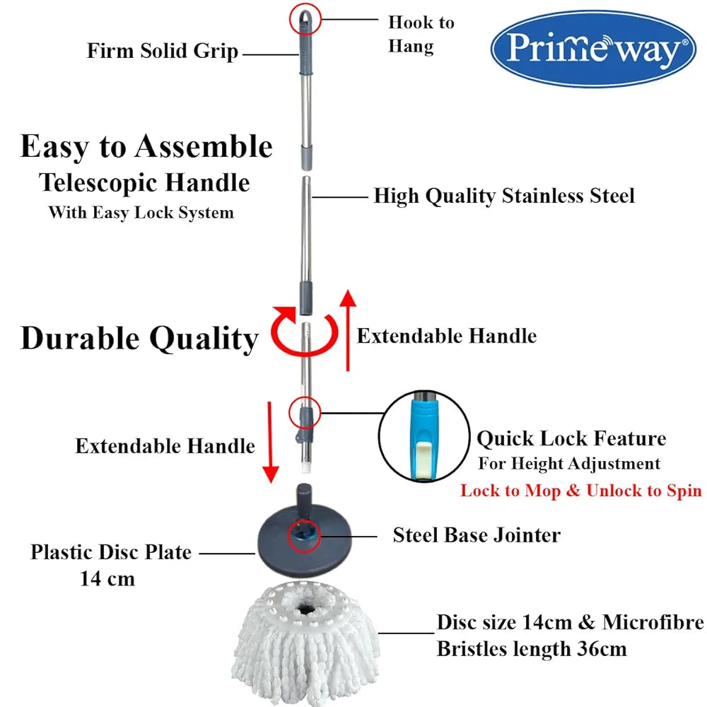 Primeway® Plastic SS Mini Twin Bucket Mop | 360 Rotating Spin | 14cm Disc Microfibre 2 Refills Dia. 36cm | Floor Mopping with Clean & Dirty Water Separator & Outlet | 3 LTR | Blue