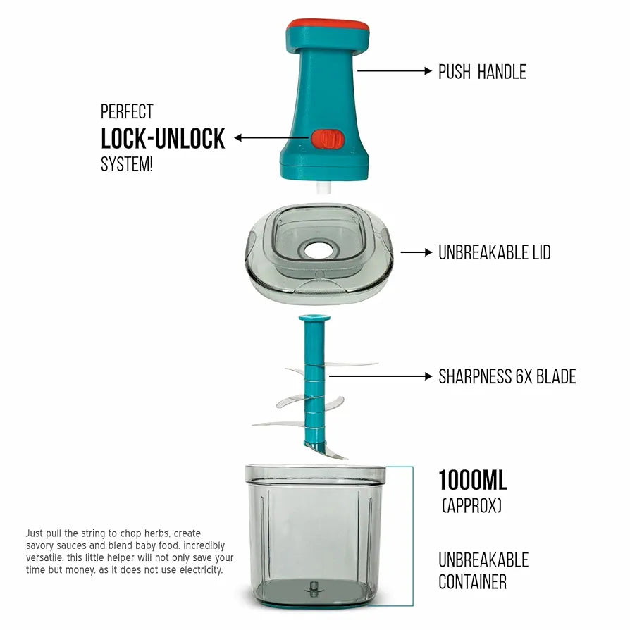 TEKCOOL Manual Hand Press Push Chopper with 6 Blades for Effortless Chopping Vegetables & Fruits ,