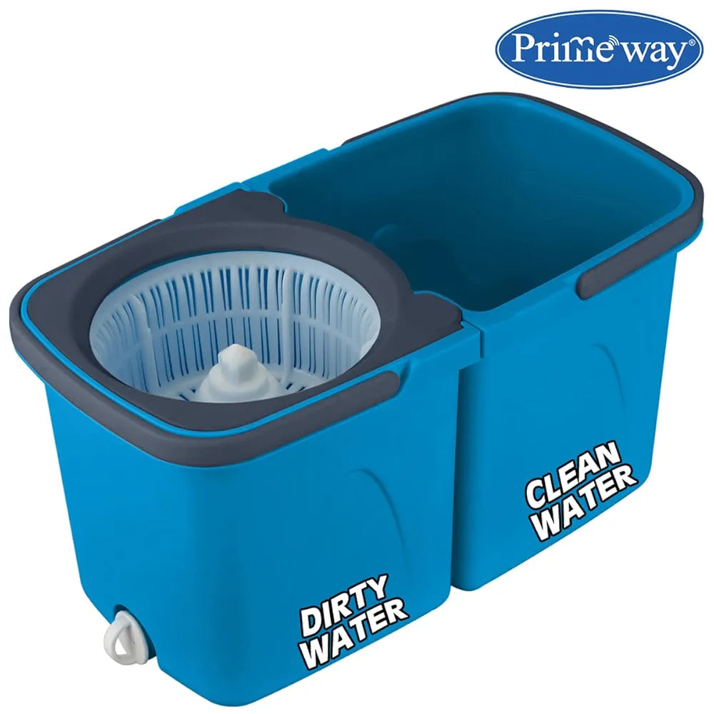 Primeway® Plastic SS Mini Twin Bucket Mop | 360 Rotating Spin | 14cm Disc Microfibre 2 Refills Dia. 36cm | Floor Mopping with Clean & Dirty Water Separator & Outlet | 3 LTR | Blue