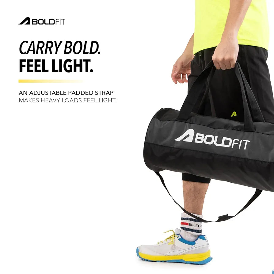 Boldfit Gym Bags for Men with Separate Shoe Compartment Unisex Duffle Bag for Carry & Travel Adjustable for Shoes Towel Duffel Sports Bag for Women & Men 20L - Black Grey