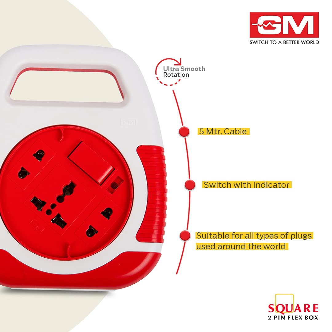 GM 3040 Square Flex Box – 3-Socket 2‑Pin Extension Cord with Handle, LED Indicator & International Socket (5 m, Polycarbonate)