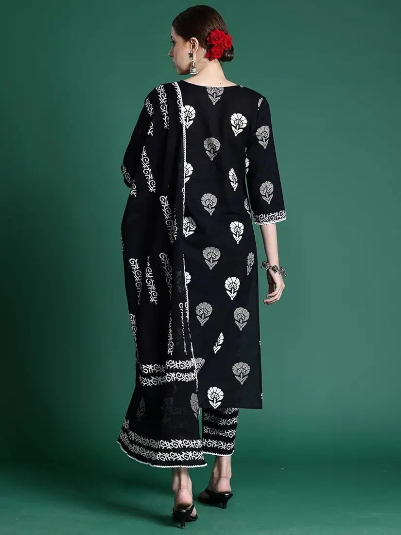INDO ERA Women's Printed Pure Cotton Straight Kurta Pant With Dupatta Set 