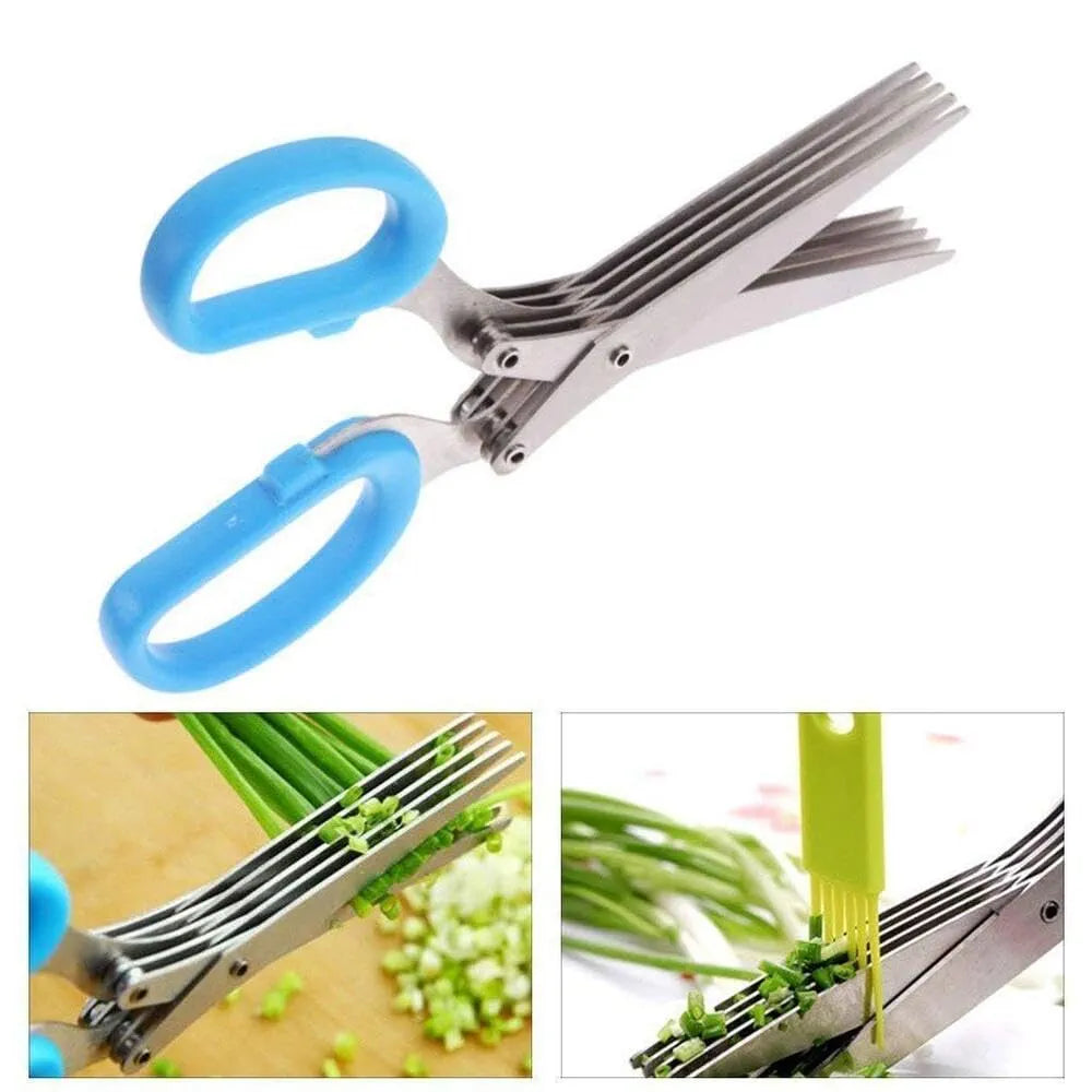 Stainless Steel 5-Blade Herb Scissors – Multi-Layer Coriander & Vegetable Cutter with Cleaning Brush for Quick and Easy Herb and Spice Chopping