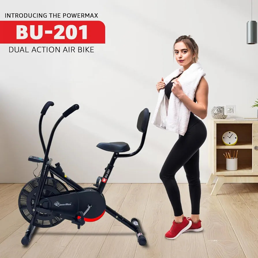 PowerMax Fitness BU-201 Dual Action Air Bike/Exercise Bike for Home |Gym Cycle for Workout With Adjustable Cushioned Seat | Non-Slip Pedals | Moving Handles Black Gym Bike, Max user weight 120 KG