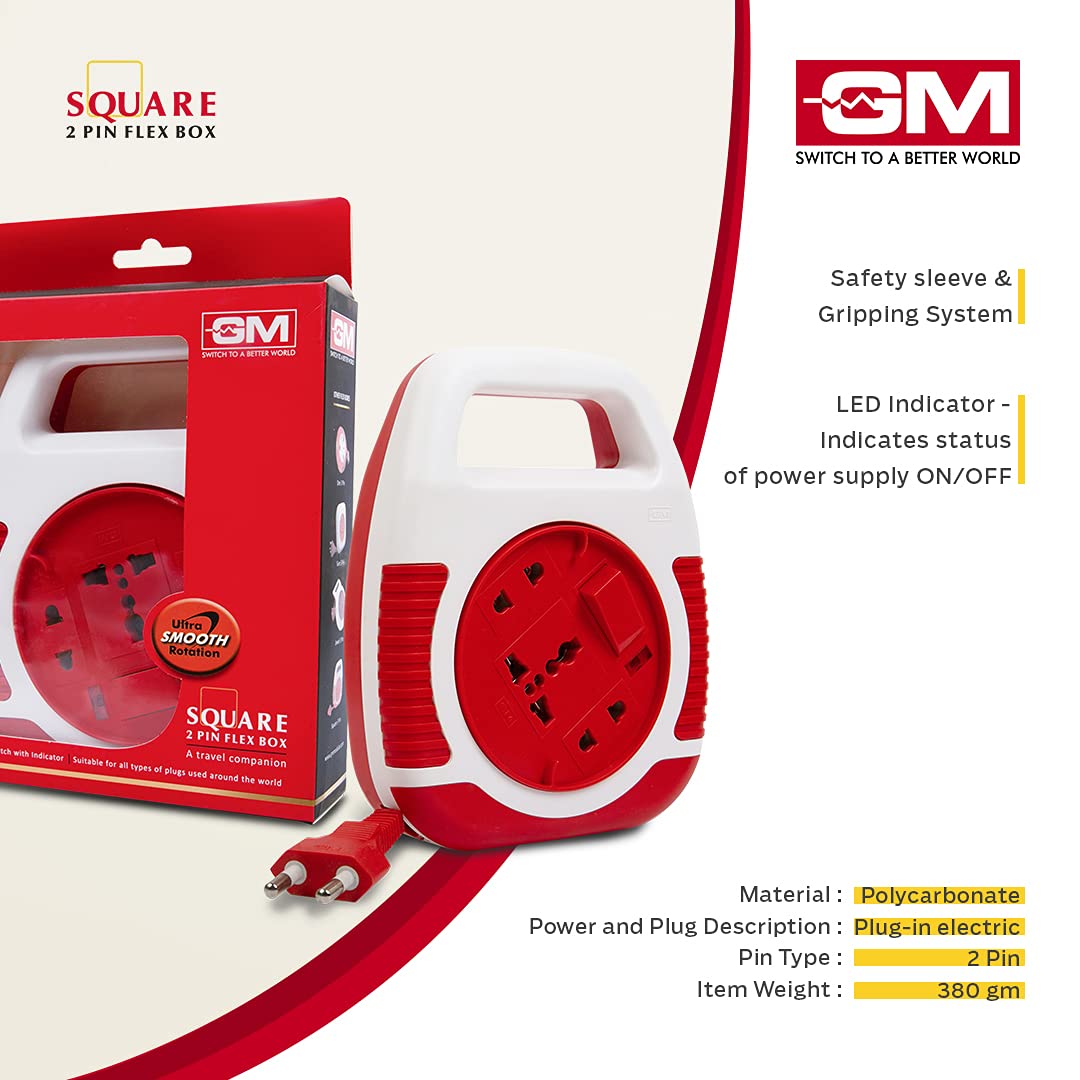 GM 3040 Square Flex Box – 3-Socket 2‑Pin Extension Cord with Handle, LED Indicator & International Socket (5 m, Polycarbonate)