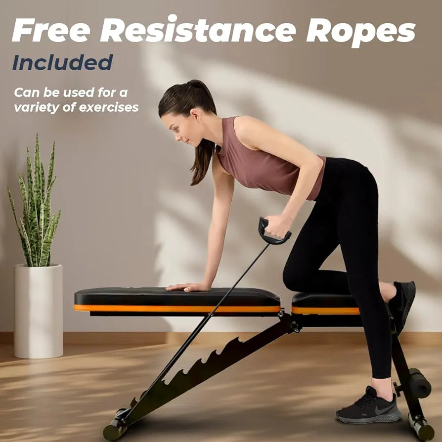 Flexnest Commercial Grade Adjustable And Foldable Gym Bench Incline,Decline & Flat 250 Kg Capacity Fitness Gym Bench with Resistance Ropes For Home Workout,Premium Leather Adjustable Multi-Purpose Machine 