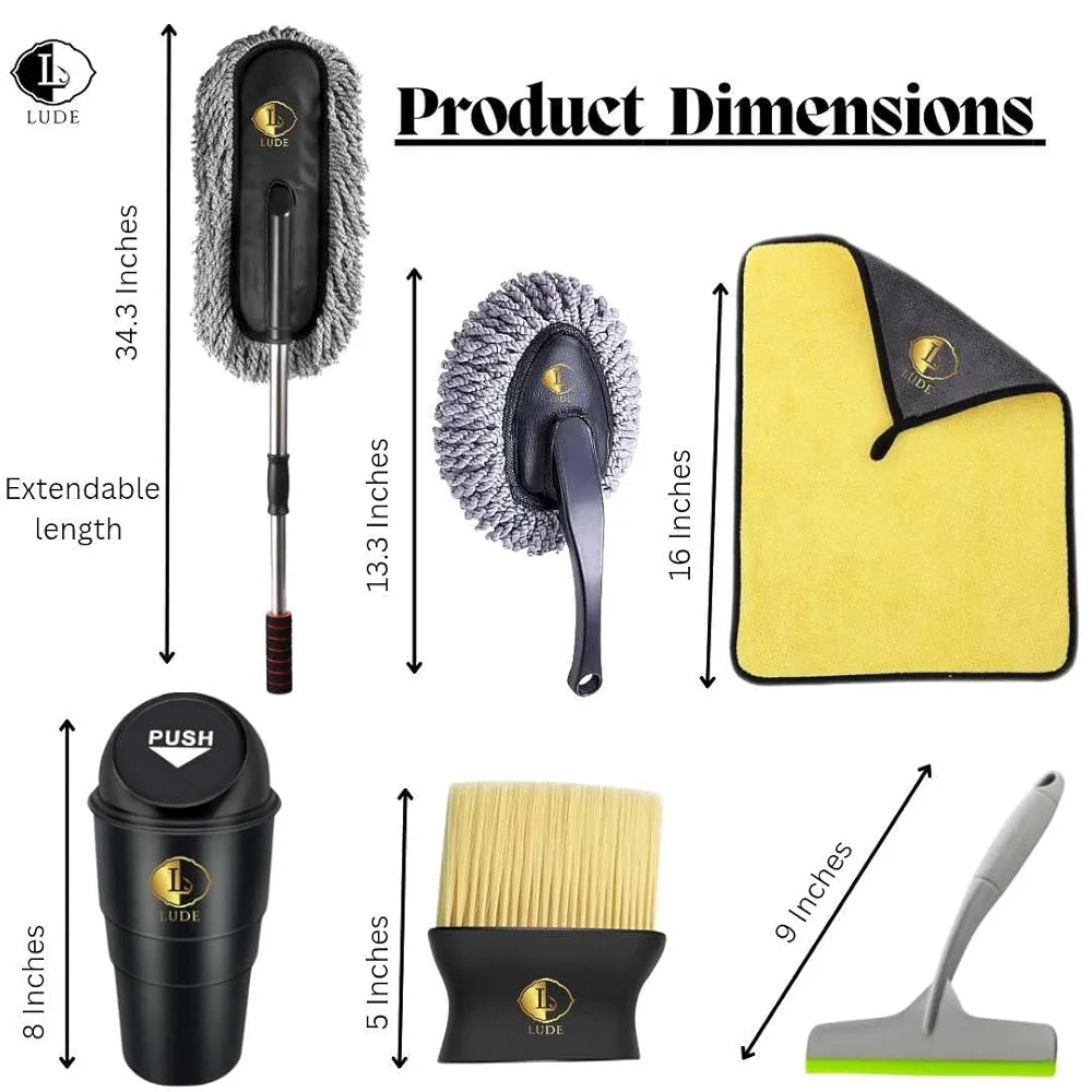 LUDE Premium Car Cleaning Accessories 2025 -Long Handle Duster Microfiber Brush for Interior & Exterior Dust, Scratch-Free 800 GSM Cloth, Car Dustbin, AC Vent Cleaner, After Wash Drying Wiper 