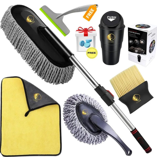 LUDE Premium Car Cleaning Accessories 2025 -Long Handle Duster Microfiber Brush for Interior & Exterior Dust, Scratch-Free 800 GSM Cloth, Car Dustbin, AC Vent Cleaner, After Wash Drying Wiper 