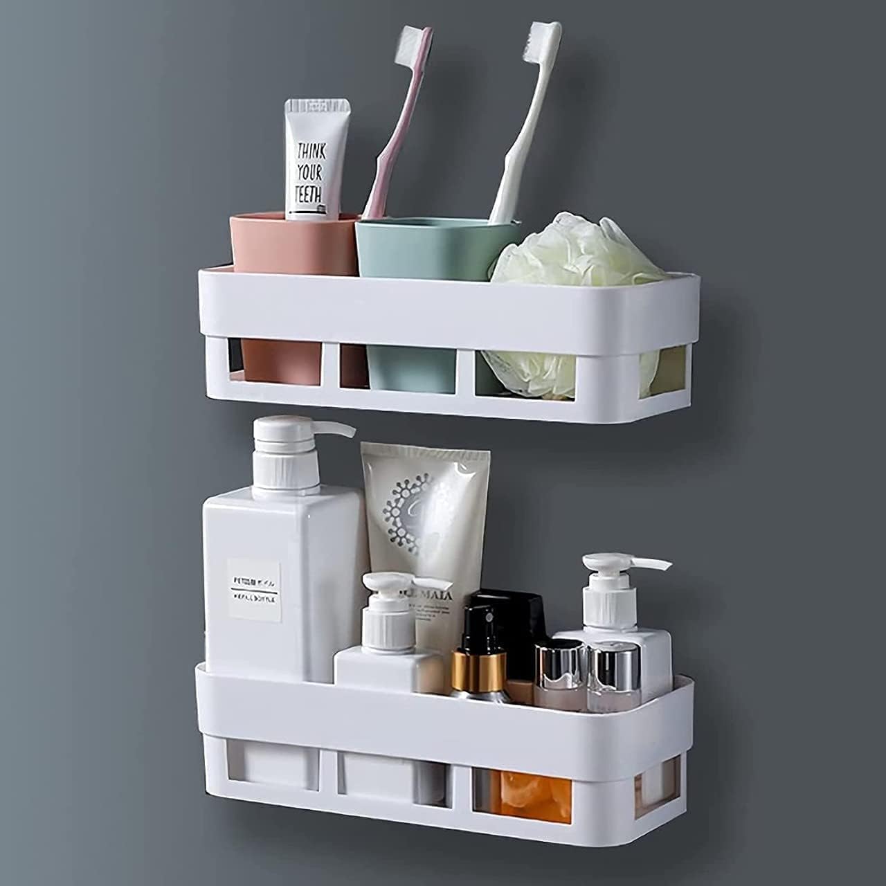 ALLWIN HOUSEWARE W Abs Self-Adhesive No-Drill Bathroom Shelf & Storage Cabinet - Wall Organiser for Bathroom Essentials, Makeup, Skincare with 2 Doors, 32 x 40.5 x 13cm (White, 3 Layer)