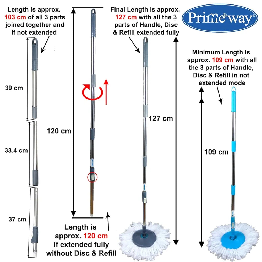 Primeway® Plastic SS Mini Twin Bucket Mop | 360 Rotating Spin | 14cm Disc Microfibre 2 Refills Dia. 36cm | Floor Mopping with Clean & Dirty Water Separator & Outlet | 3 LTR | Blue