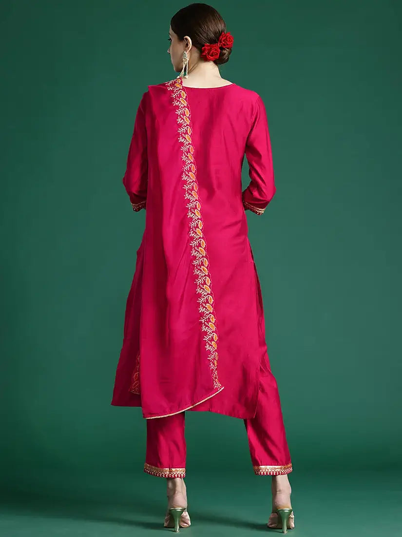 INDO ERA Women's Liva Cotton Blend Embroidered Straight Kurti Pant and Dupatta Set 