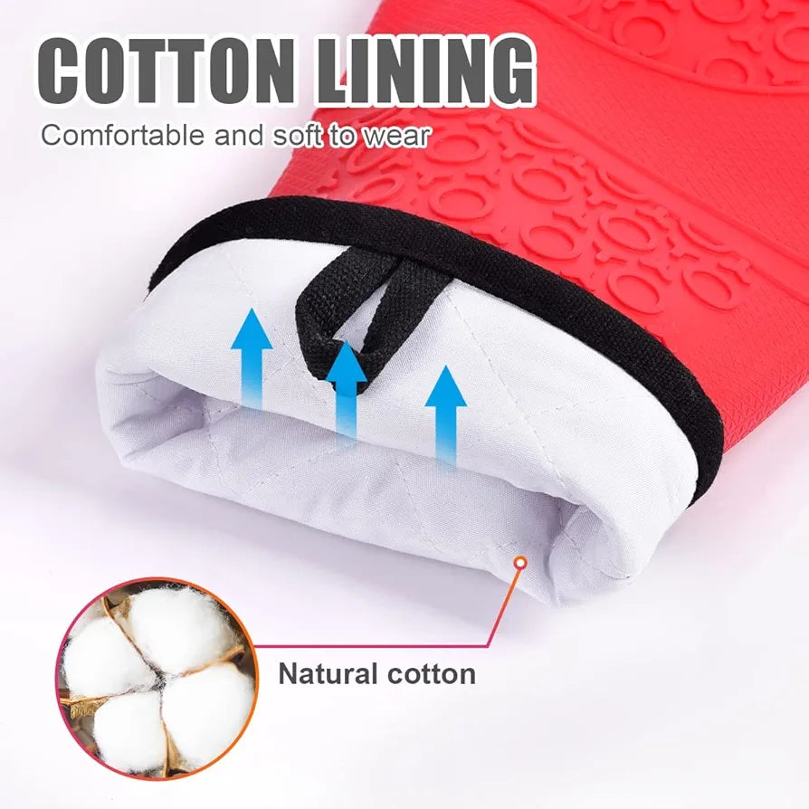 THW® Professional Large Silicone Oven Gloves Heat Proof,Kitchen Oven Mittens for Baking Heat Resistant Oven Mitts Cotton Quilted Silicone Gloves for Oven, Red