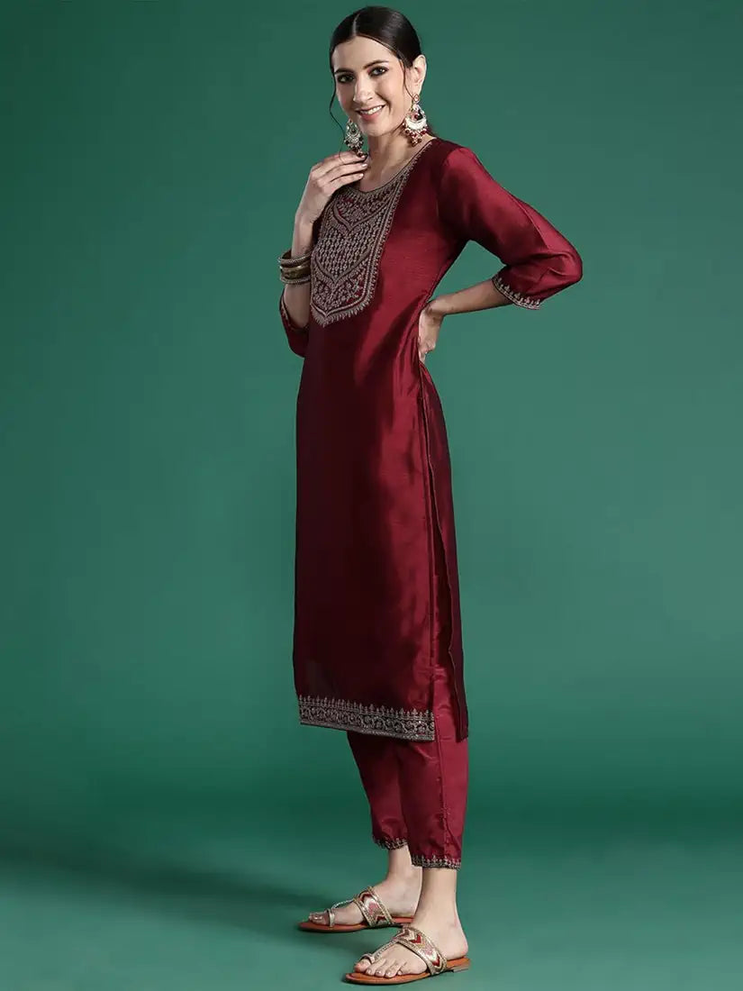 INDO ERA Women's Embroidered Silk Blend Straight Kurta Pant With Dupatta Set 