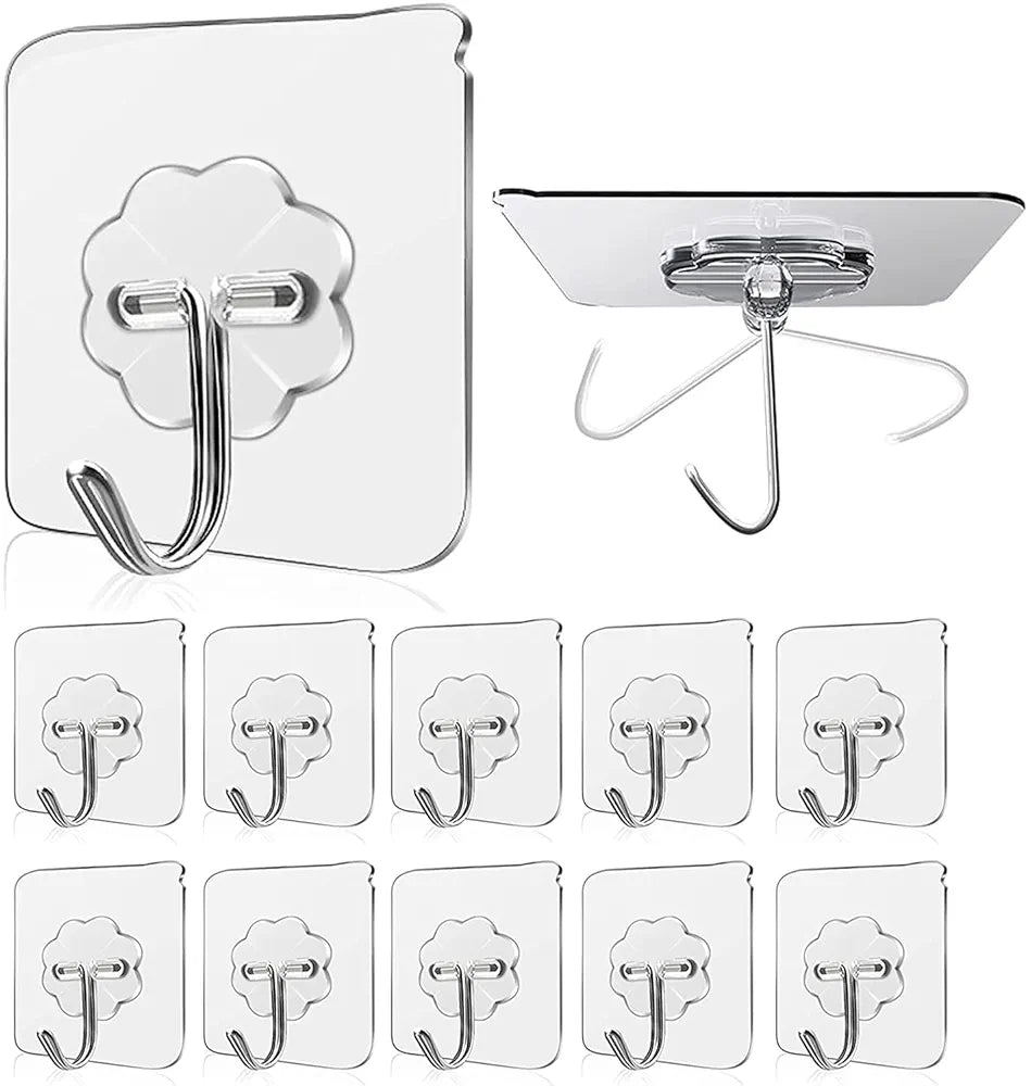 JIALTO Adhesive Hooks Kitchen Wall Hooks-Heavy Duty 13.2lb Nail Free Sticky Hangers with Stainless Hooks Reusable Utility Towel Bath Ceiling Hooks-10 pcs