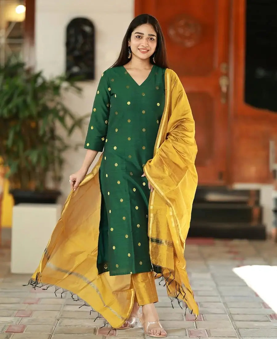 GoSriKi Women's 3 Piece Kurta Pant Dupatta Set | Silk Cotton Kurta Sets for Woman | Kurti Set for Woman | Elegant Suit Set for Women Cotton | Women Kurta Sets with Dupatta Cotton