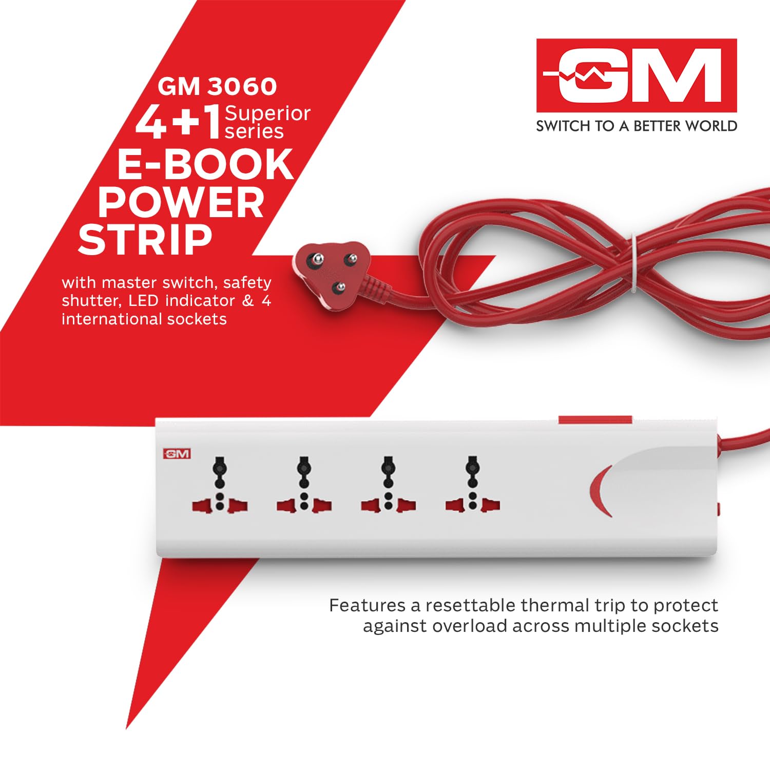 GM 3060 E-Book Power Strip, Extension Cord,Pack of 2, Spike Guard,Fire Retardant Protection,Thermal Trip, Overload Protection, Childsafety Shutter, LED Indicator,2M Cord Length,4 International Sockets