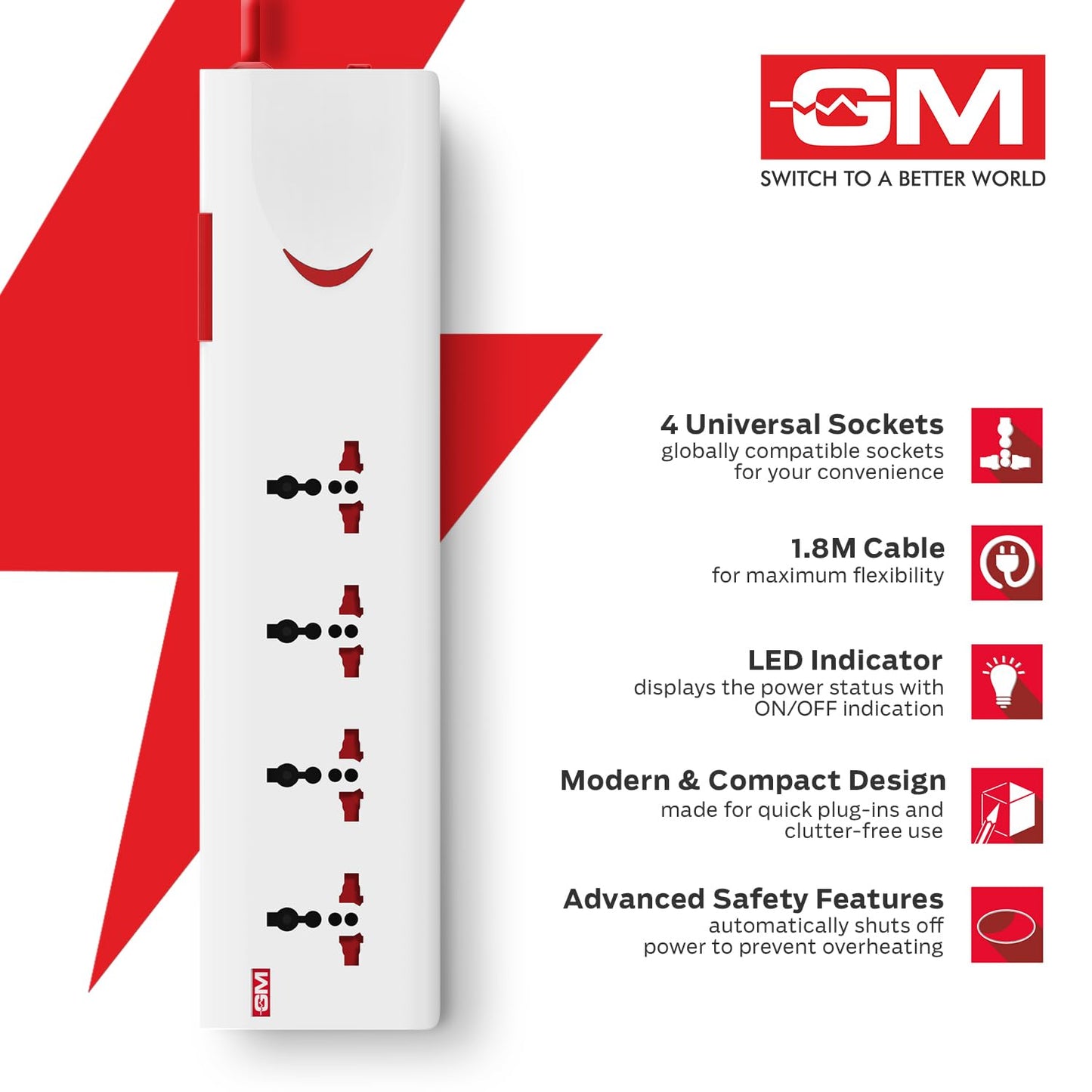 GM 3060 E-Book Power Strip, Extension Cord,Pack of 2, Spike Guard,Fire Retardant Protection,Thermal Trip, Overload Protection, Childsafety Shutter, LED Indicator,2M Cord Length,4 International Sockets