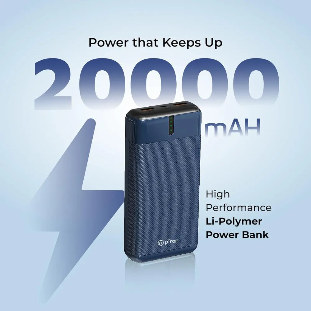 pTron Dynamo Surge 20000mAh 22.5W Fast Charging Power Bank, Supports VOOC/Wrap/Dash USB Charging, 20W PD Fast Charging, 3 Outputs, 1 Input & Multiple Layers of Protection,USB Type-C Input 