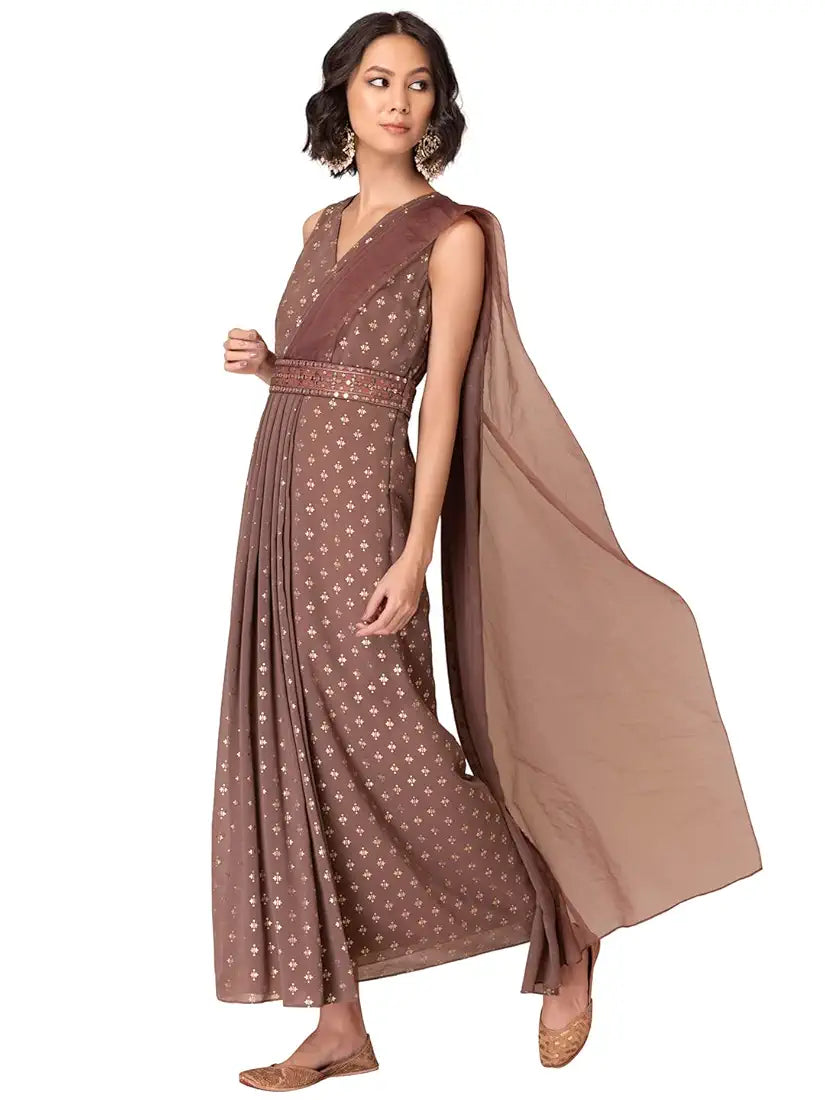 Indya Womens Polyester Pre-Draped Saree