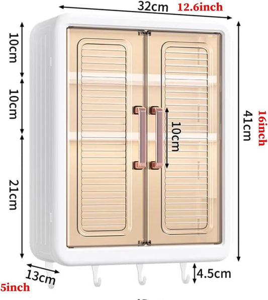 ALLWIN HOUSEWARE W Abs Self-Adhesive No-Drill Bathroom Shelf & Storage Cabinet - Wall Organiser for Bathroom Essentials, Makeup, Skincare with 2 Doors, 32 x 40.5 x 13cm (White, 3 Layer)