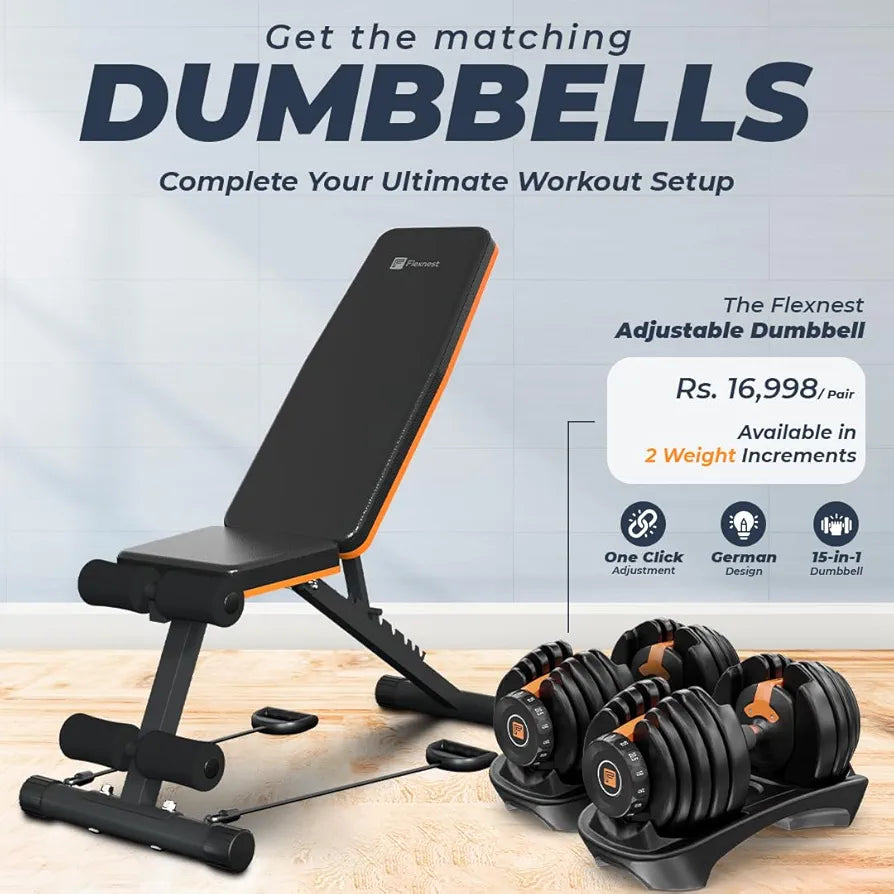 Flexnest Commercial Grade Adjustable And Foldable Gym Bench Incline,Decline & Flat 250 Kg Capacity Fitness Gym Bench with Resistance Ropes For Home Workout,Premium Leather Adjustable Multi-Purpose Machine 